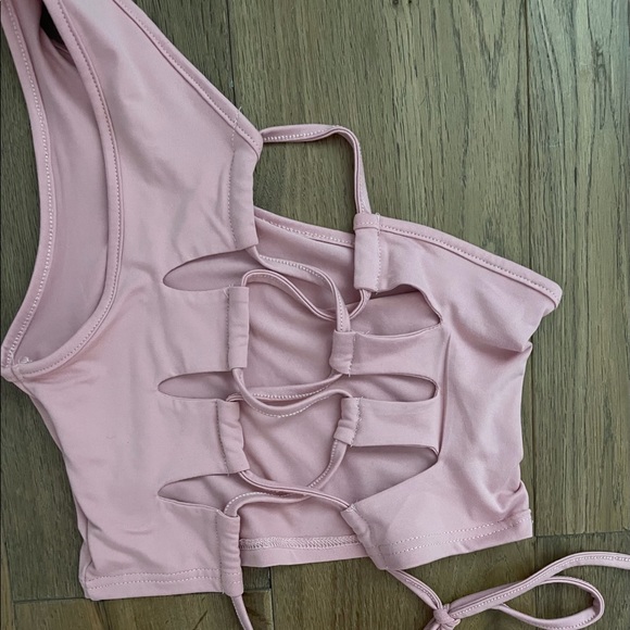 ONE SHOULDER LACE UP OPEN BACK PINK CROP TOP - Picture 2 of 4